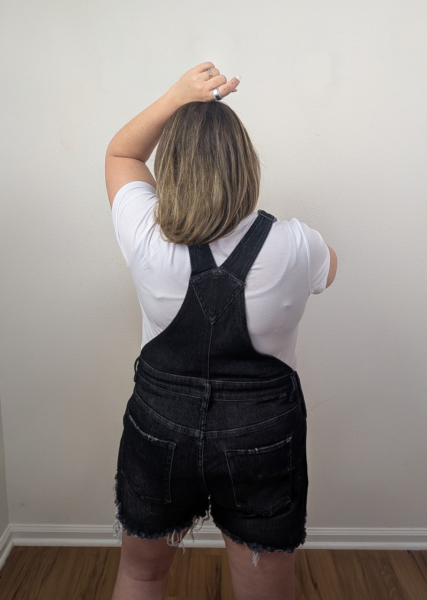 Front-distressed denim shortalls