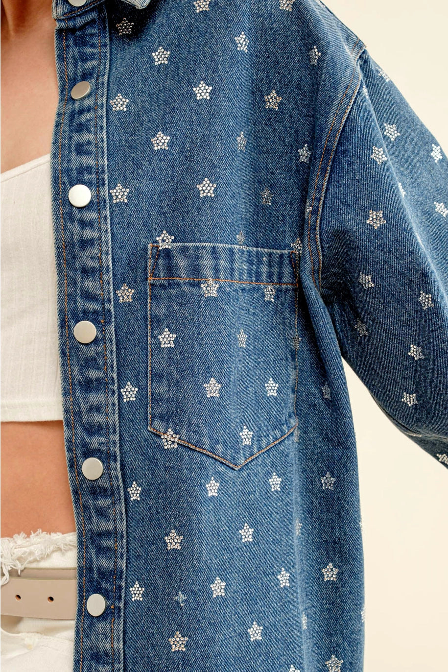 Oversized Snap Up Micro Star Denim Jacket