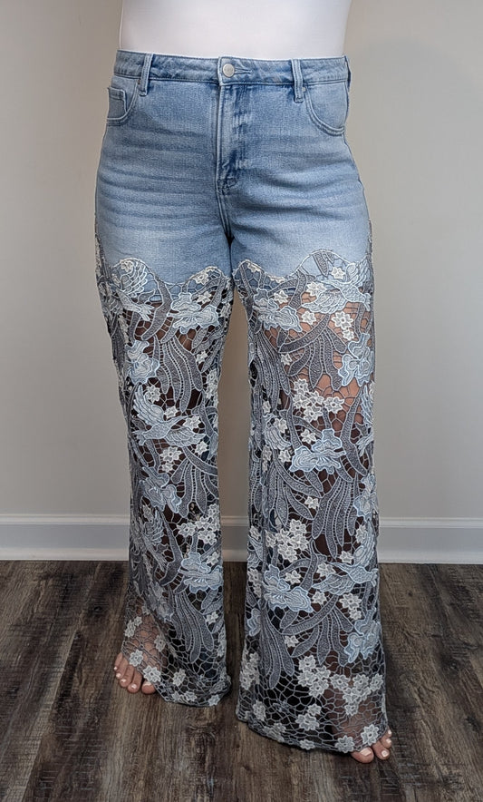 Lace overlay denim wide-leg pants