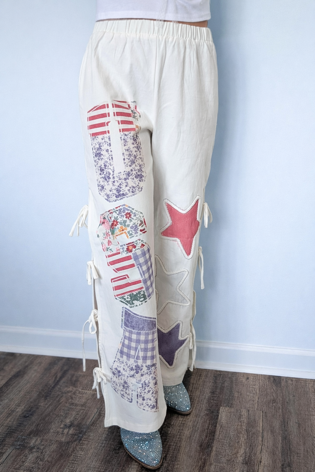 Printed Rope Trim With Side Bow Detail Twill pants