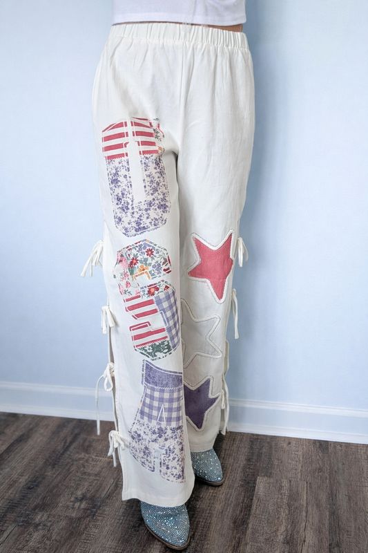 Printed Rope Trim With Side Bow Detail Twill pants