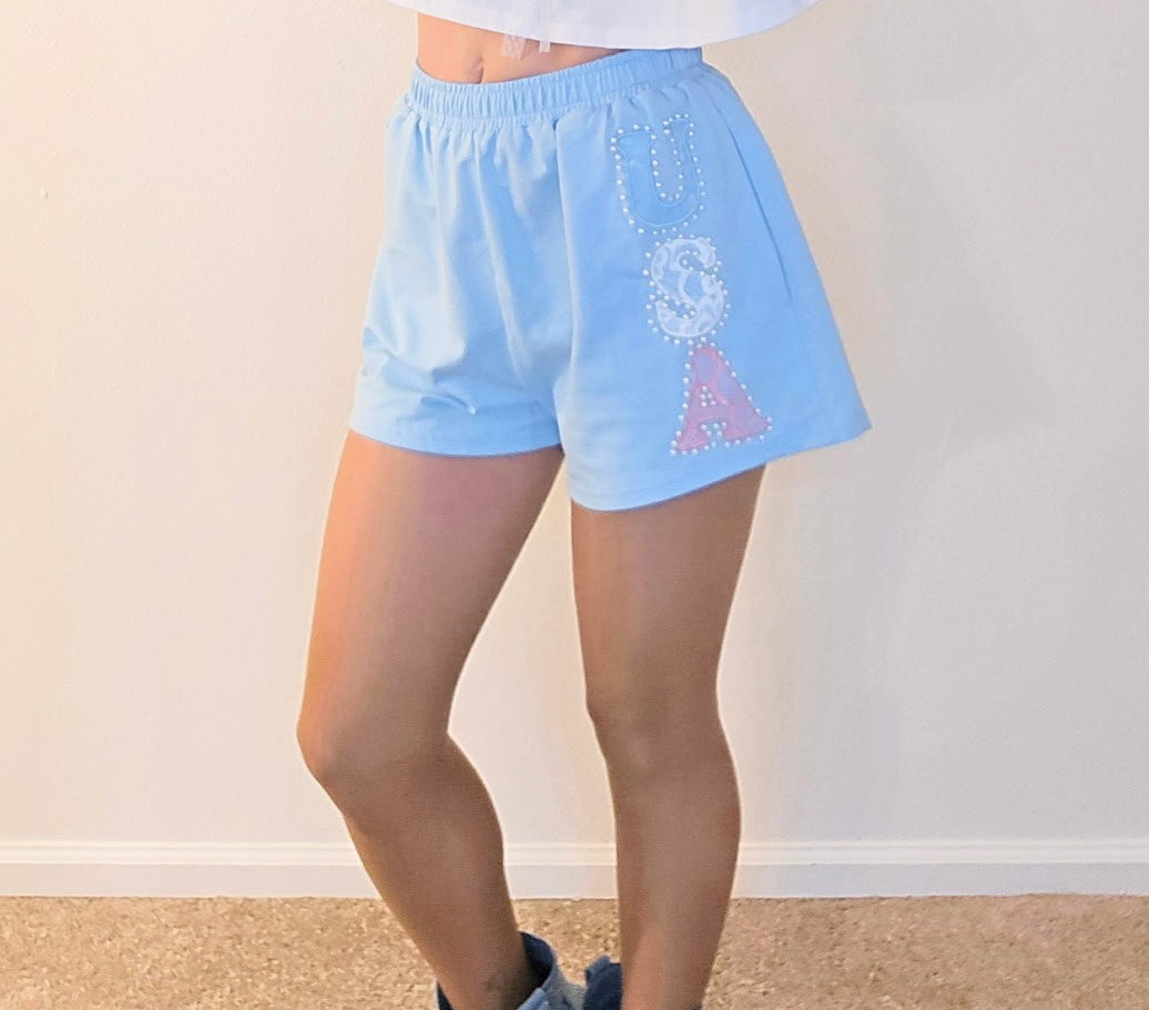Lace Laser Cut & Pearl 'USA' Terry Shorts