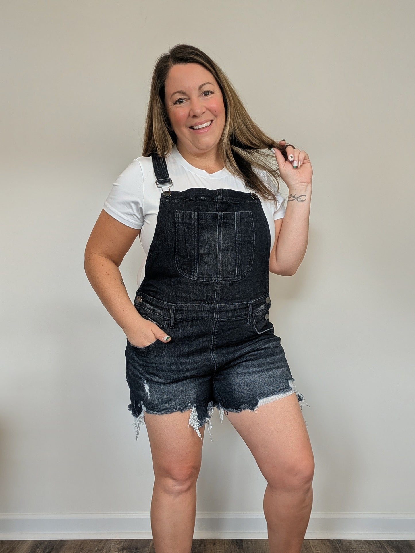 Front-distressed denim shortalls