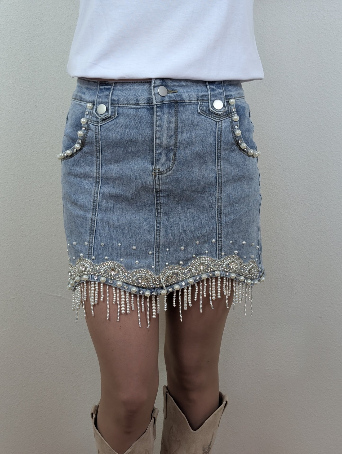 Stretch Denim Embellished Pearl Fringe Mini Skirt