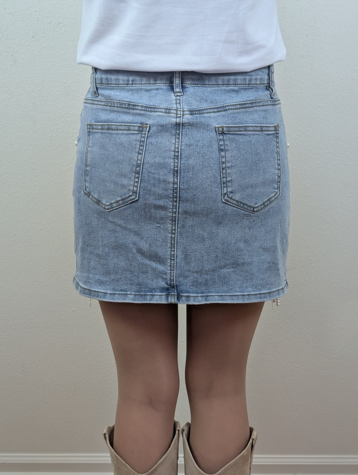 Stretch Denim Embellished Pearl Fringe Mini Skirt