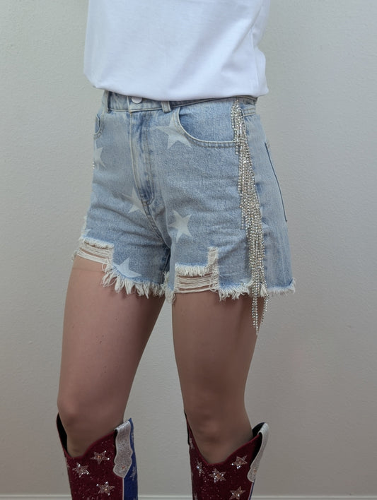 Star Denim Shorts w/ Rhinestone Side Fringe