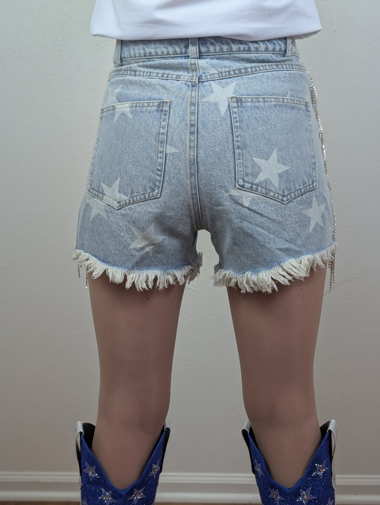 Star Denim Shorts w/ Rhinestone Side Fringe