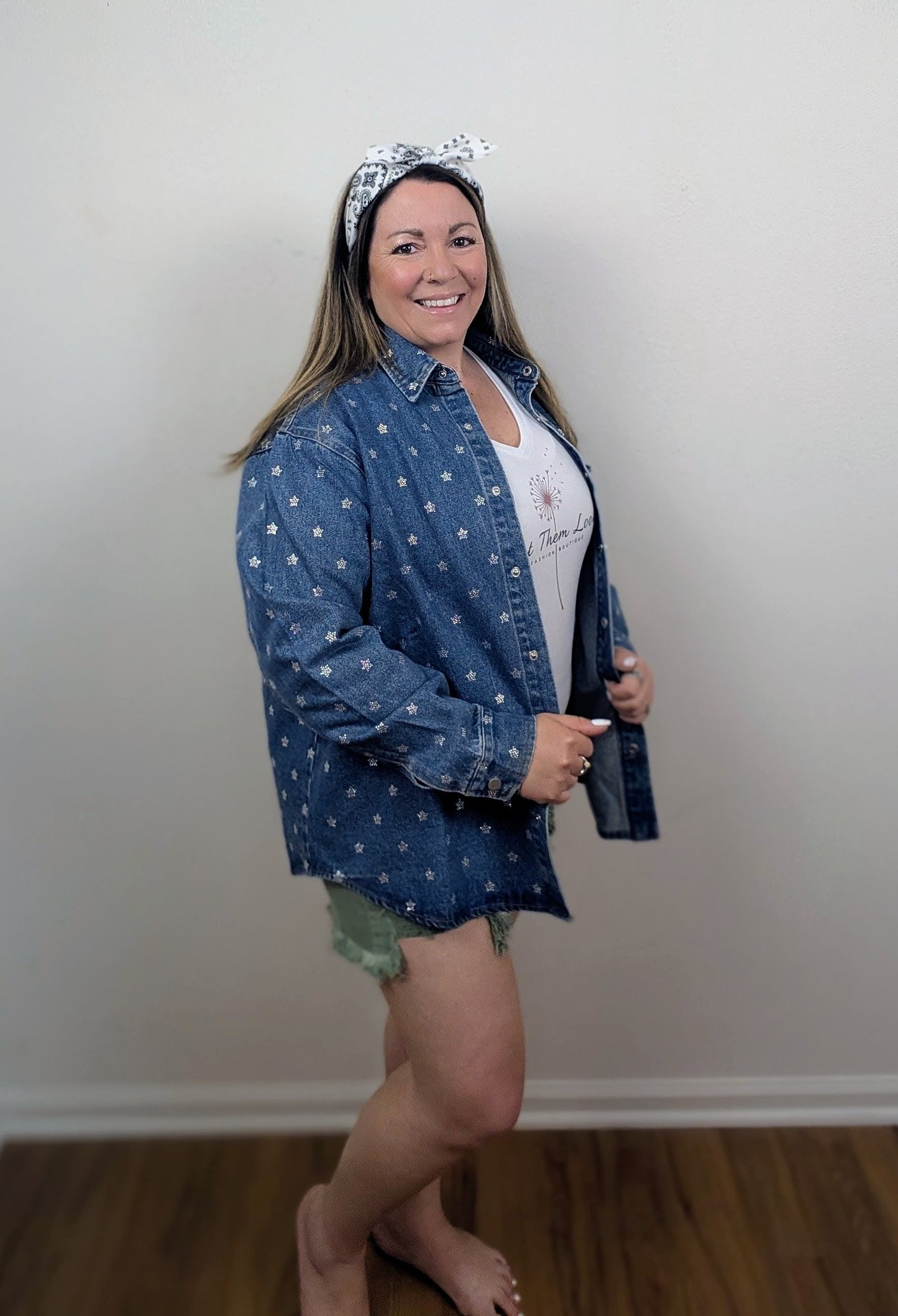 Oversized Snap Up Micro Star Denim Jacket