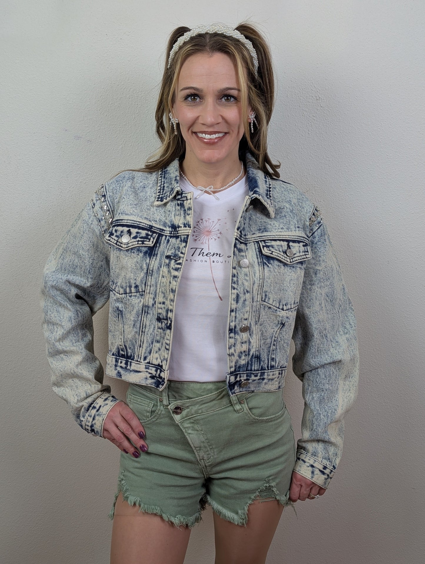 Acid Washed Shoulder Beading Denim Jacket