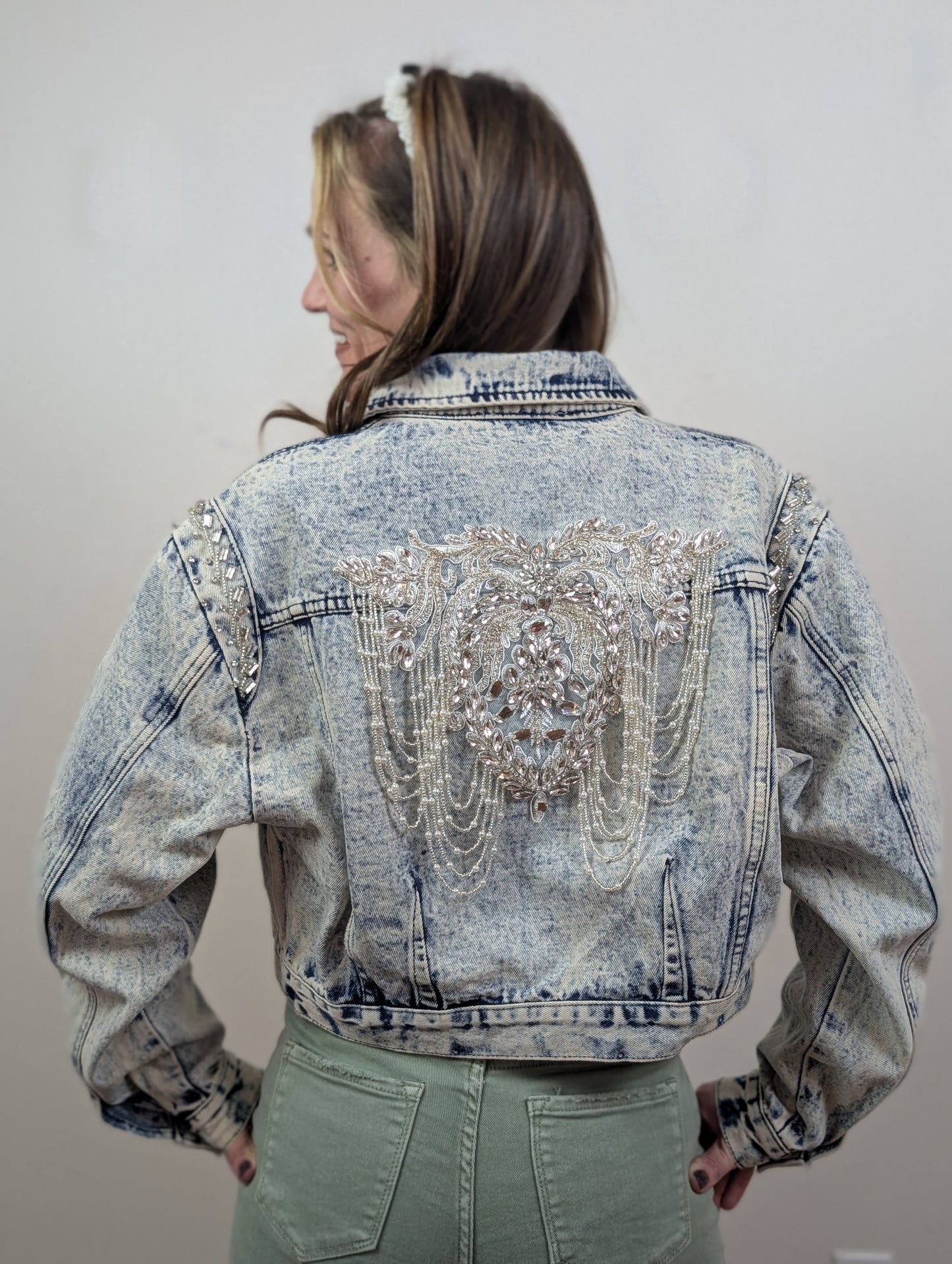 Acid Washed Shoulder Beading Denim Jacket