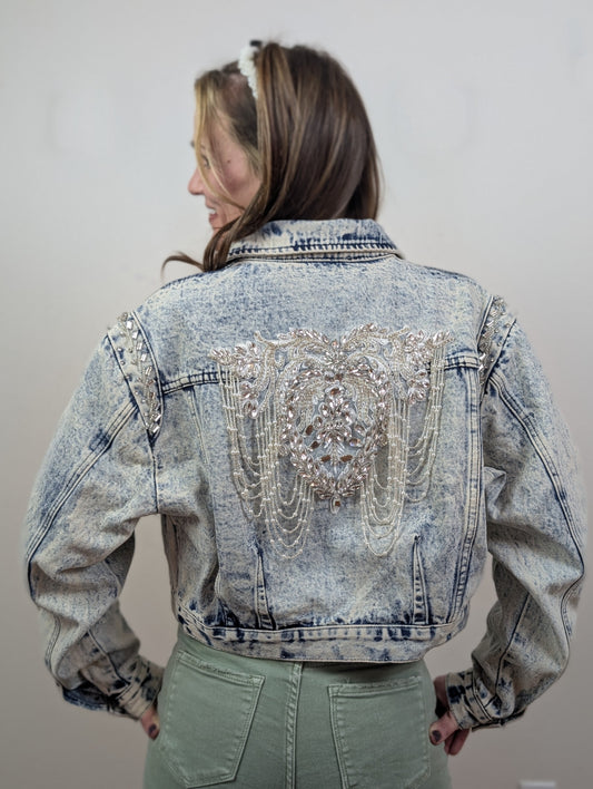 Acid Washed Shoulder Beading Denim Jacket