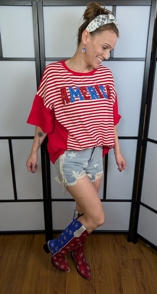 Oversized 'America' Towel & Rhinestone Embroidery Stripe Tee